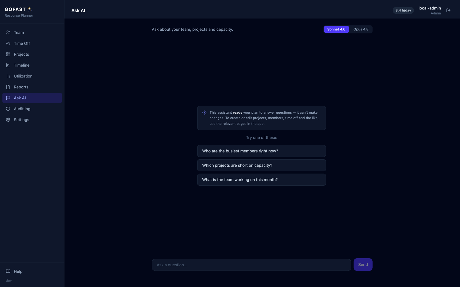 GOFAST Ask AI assistant with suggested questions about team capacity, project load, and utilisation