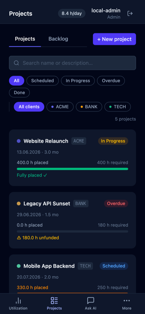 GOFAST projects list on a mobile phone