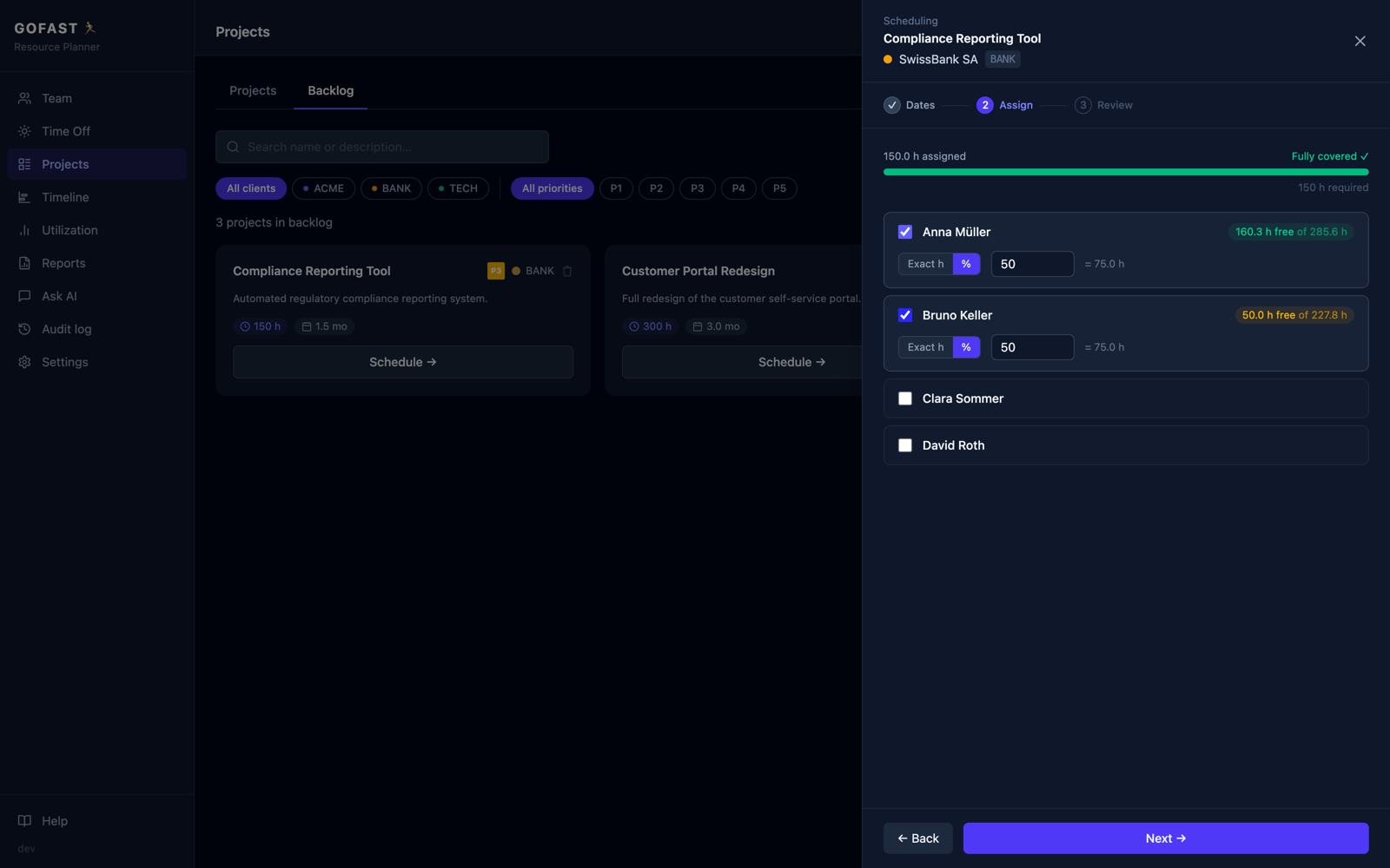 GOFAST scheduling drawer with member assignment and capacity preview